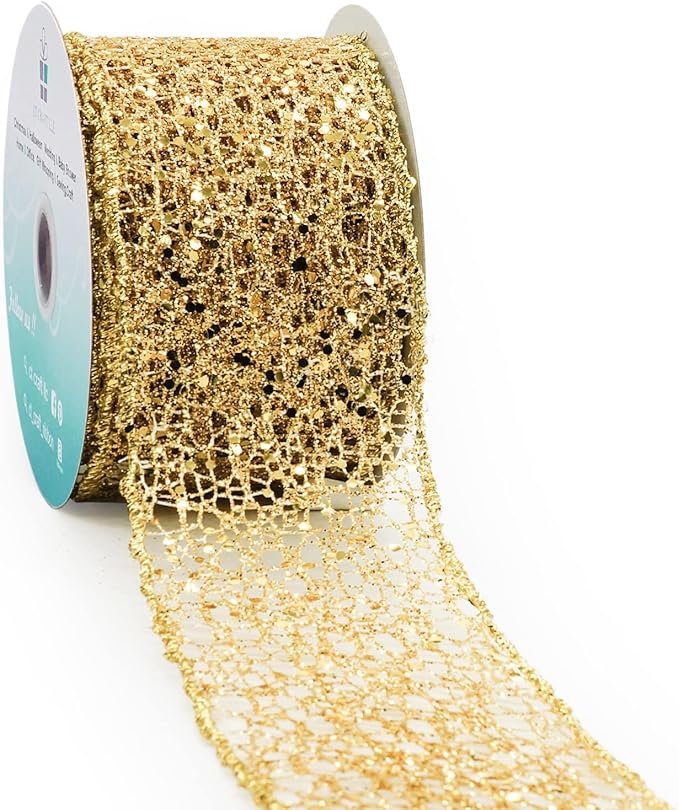 CT CRAFT LLC Sparkling Glitter Mesh Wired Ribbon 2.5" x 10 Yards Gold for Christmas Home Decor Bow Gift Wrapping DIY Crafts Wreath