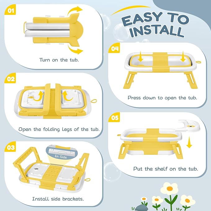 Collapsible Baby Bathtub,Baby Bath Tub with Thermometer & Soft Cushion,Baby Bathtub for Newborn to Toddler 0-36 Months,Portable Travel Baby Tub with No-Slip Feet,Baby Shower Gifts,Yellow