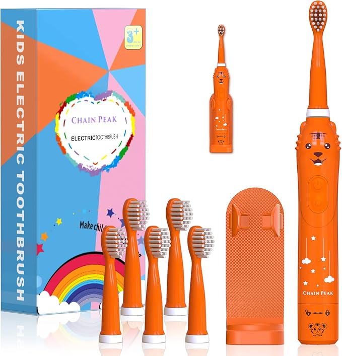 Kids Sonic Electric Toothbrush, Rechargeable Smart Toothbrush for Children Age 3-12, 2 Mins Timer, 6 Modes, 6 Brush Heads, Wall-Mounted Holder