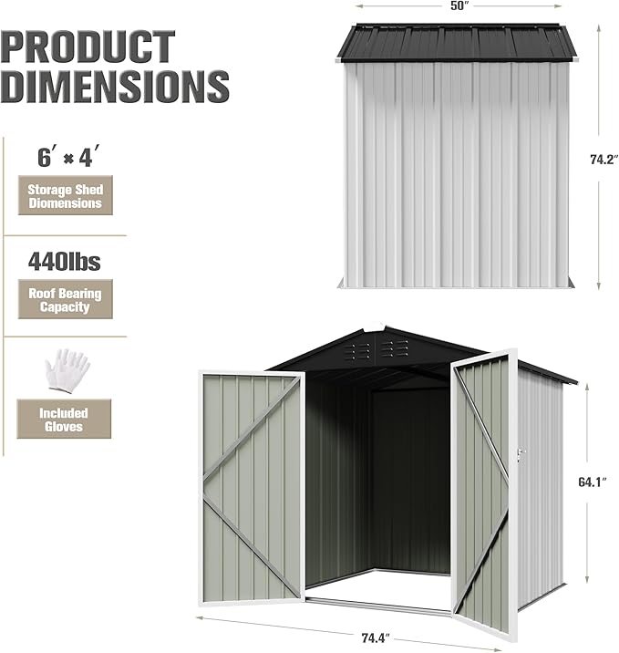 JUMMICO Metal Outdoor Storage Shed 6 x 4 FT Metal Shed with Lockable Door,Waterproof Garden Tool Shed Storage House for Backyard Patio Lawn,White