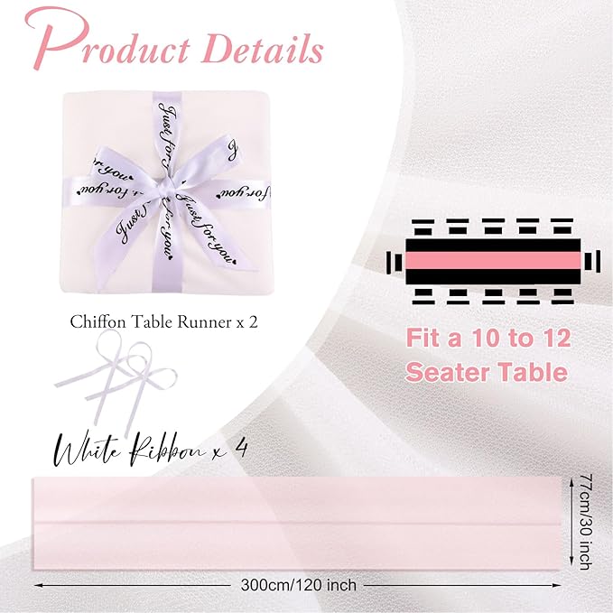 2 Packs 10ft White Chiffon Table Runner 30 x 120 Inches Romantic Sheer Table Runners for Wedding Party Bridal Baby Shower Birthday Holiday Decorations
