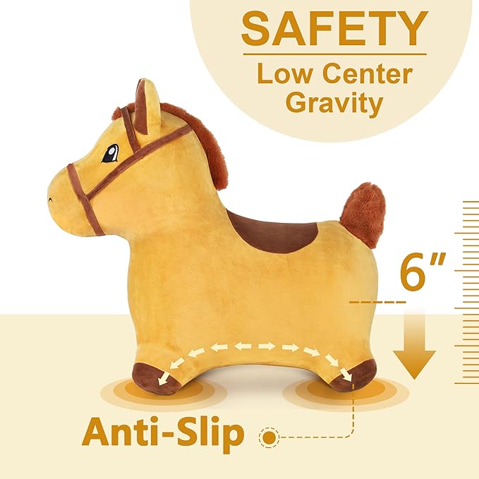 iPlay, iLearn Bouncy Pals Hopping Horse, Toddler Girl Boy Inflatable Bouncing Animal Hopper Toy, Outdoor Indoor Plush Ride on Bouncer, Baby Birthday Gift 18 Month 2 3 4 Year Old Kid - Horse