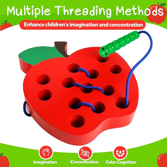 Skrtuan Wooden Lacing Apple Toy for Toddlers 3-5 Years Old, Montessori Fine Motor Skills Threading Puzzle, Educational Travel Gift for Boys & Girls