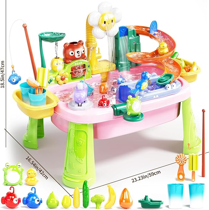 Water Table Play Sink Toys for Toddlers, Kids Play Kitchen Sink with Running Water, 360° Electric Faucet, Floating Fishing Game, Sensory Water Table Toys for Boys Girls Summer Gifts - Pink
