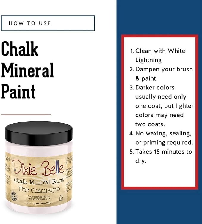 Dixie Belle Paint Company Chalk Finish Furniture Paint - Pink Champagne (8oz) - Matte Pale Pink Chic Chalk Mineral DIY Furniture Paint