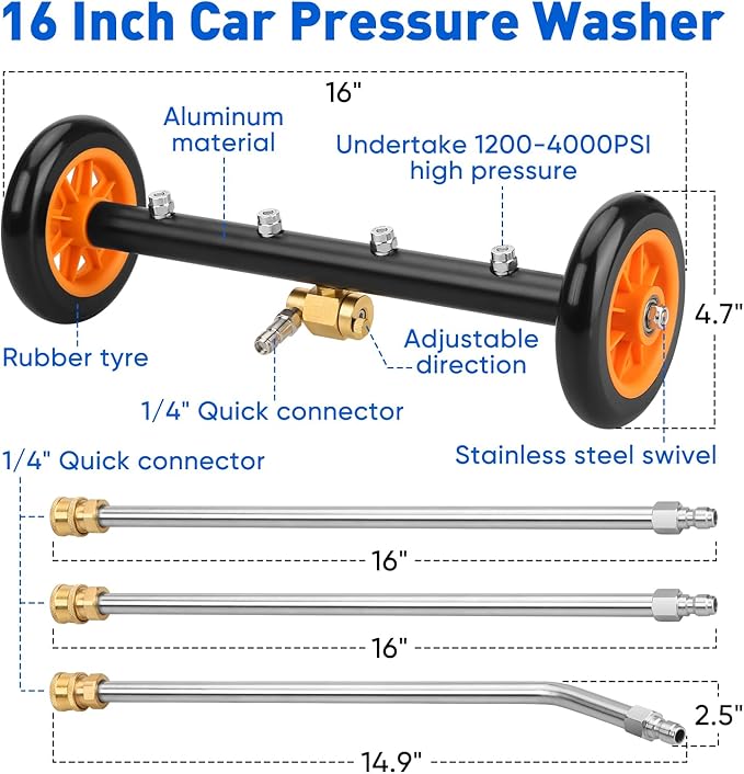 2-in-1 16' Undercarriage Pressure Washer Water Broom, 4000PSI Under Car Pressure Washer Attachment with 3 Pieces Extension Wand & Hub Brusher, Surface Cleaner (without Bottle& Replaceable Nozzle)