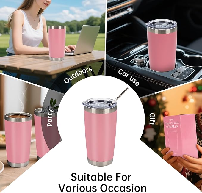 IEOVIEE 32 Pack 20oz Stainless Steel Bulk Tumblers with Lids and Straws Double Wall Insulated Travel Mug Durable Powder Coated Tumbler Bulk Cup for Cold and Hot Drinks(Pink)