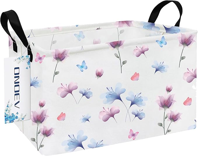 Rectangular Folding Laundry Basket,waterproof Canvas Basket,gift basket,Suitable for children's room,Office,Clothes,Toys Storage(Watermark flower)