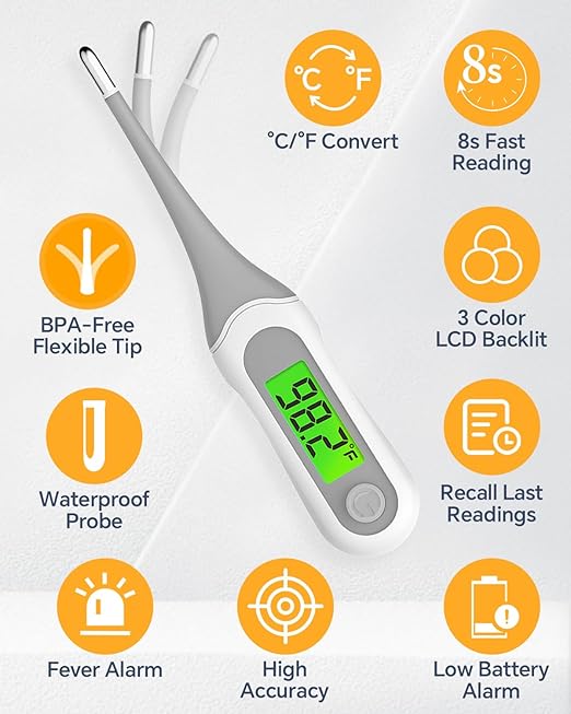 8 Seconds Digital Oral Thermometer for Adults and Kids, Accurate & Safe Baby Thermometer with Fever Alarm, 3 Backlits Display, Flexible Tip, Medical Basal Thermometer for Rectal, Underarm