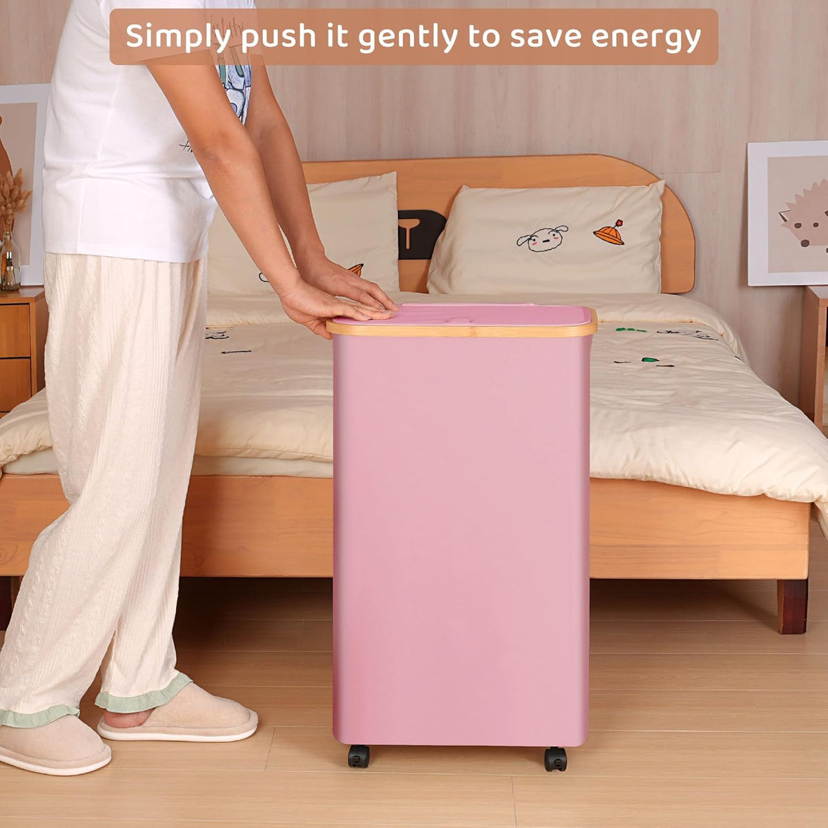 60L Slim Laundry Basket with Wheels,Narrow Hampers for Laundry,Freestanding Laundry Hamper with Lid&Bamboo Handles,Collapsible & Waterproof Tall Cloth Hamper for Dorm Family(Pink)