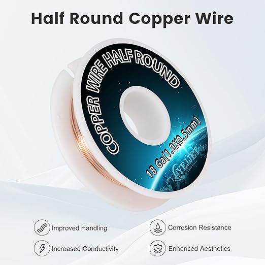 Half Round Pure Copper Wire 18 Gauge 1.02x0.51mm - 1.3 oz (33 Feet) Soft Temper Conductive Wire for Jewelry & Electrical Crafts