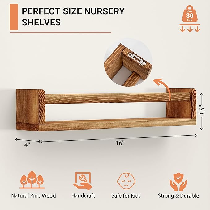 Heimlove Nursery Floating Shelves, Nursery Book Shelves for Wall, 16 inch Wall Bookshelf for Kids Solid Wood Wall Mounted Shelves for Books,Toys and Decor Storage, Set of 2