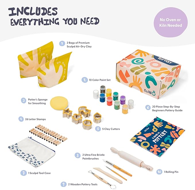 Sculpd - The Original Air Dry Clay Kit for Kids Age 7 8 9 - Includes Air Dry Modeling Clay, 10 Colors Paint Set, Paintbrushes, Sculpting Tools, Guide and More - Air Dry Clay for Kids Pottery