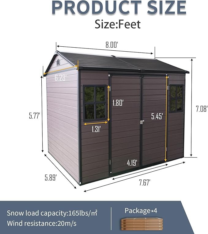 8x6 ft Resin Outdoor Storage Shed with Two-Window and Double-Door, Plastic Shed with Floor for Gargen, Patio, Yard, Lawn, Grey (1 Doors) (Brown, 8x6 ft)