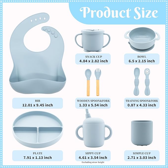 Silicone Baby Feeding Set 10 Pcs, Baby Led Weaning Supplies, Baby Feeding Supplies Set BPA Free, Baby Essentials for Newborn Gift Blue