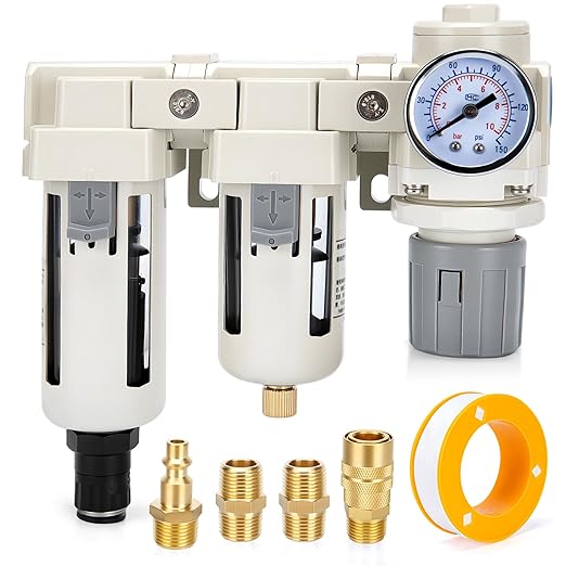 Air Pressure Regulator 3/8 NPT Auto Drain and Semi-Auto Drain Double Air Filters, Air Compressor Water Separator 0-150PSI, Air Drying System, Polycarbonate Bowl