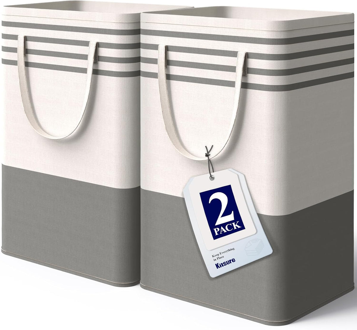 Kitsure Laundry Hamper - 2-Pack Collapsible Laundry Baskets with Well-Stitched Handles, Free-Standing Clothes Hamper with Rigid Top Edge for Household, Dorm Use, 2 x 75L, Gray
