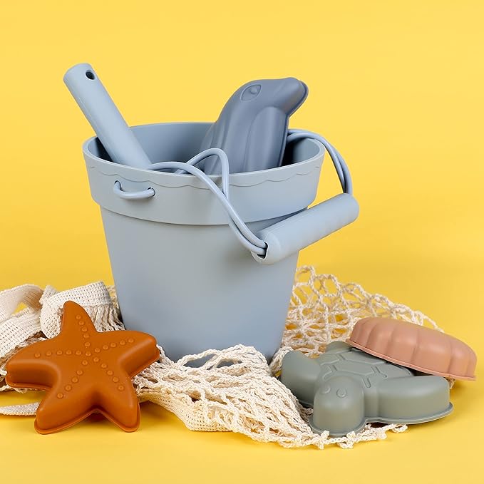 BLUE GINKGO Modern Baby Sand Toys | Travel Friendly | Silicone Bucket, Shovel, 4 Molds, Beach Bag for Toddlers, Kids - Blue