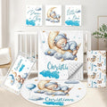 Personalized Crib Set, 5 Pcs Custom Baby Crib Set with Name, Blue Moon Bear Baby Bedding Set for Boys Girls, Double Layer Nursery Bedding Set, Toddlers Infants New Parents Gift