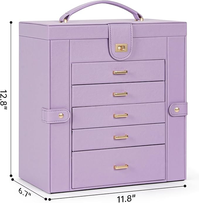 AKOZLIN Extra Large 6-Tier Jewelry Box Organizer Functional Huge, 5 Drawers Leather Jewelry Storage Case for Women Girls Ring Necklace Earring Bracelet Holder Organizer with Mirror Violet