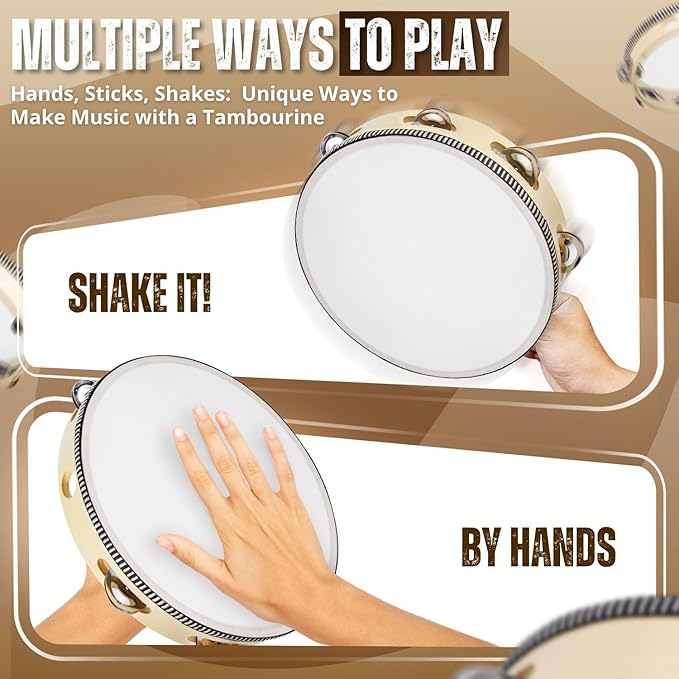 Flexzion Wood Handheld Tambourine Adults 6-Inch Double Row 8-Pair Jingles (Wood) - Percussion Round Tamborines Musical Instrument with Metal Zills