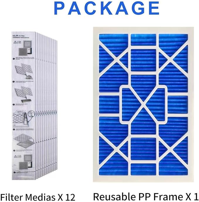 LEKEN 16x25x1 AC Furnace HVAC Filter Reusable Electrostatic Filters MERV 13 For Households With Pets, Contain 1 Reusable ABS Frame+12 Air Filter Medias