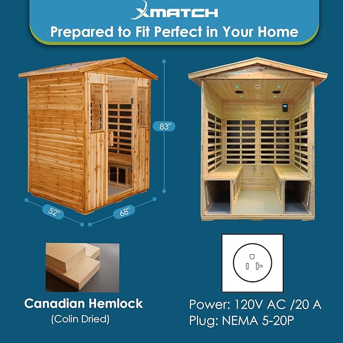 Saunas 904V Far Infrared Sauna, Outdoor Wooden Dry Sauna Low EMF (Hemlock Wood, 4-Person Size)