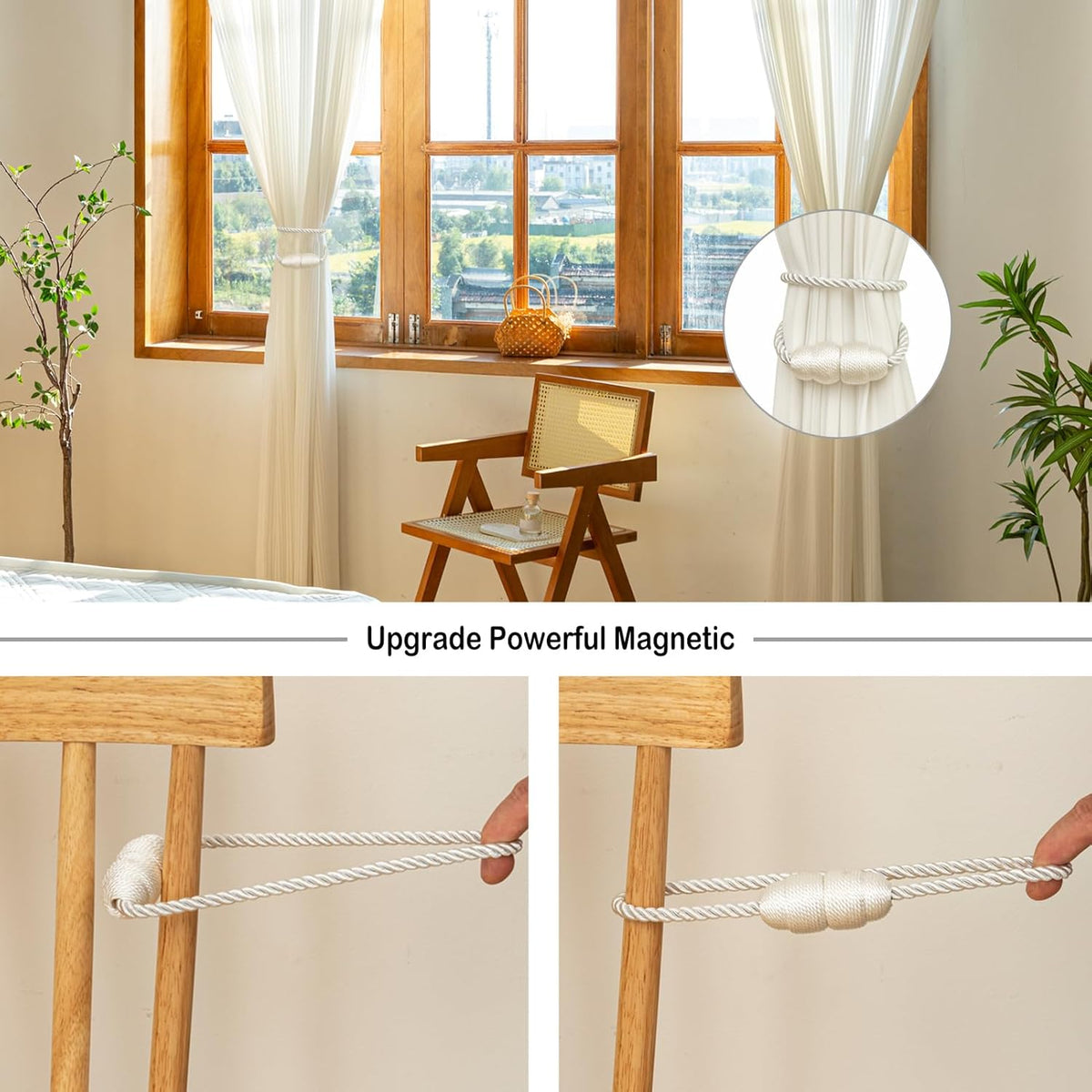 Magnetic Curtain Tiebacks Rope Curtain Tie Backs for Curtains 4 Pack Curtain Holders for Drapes Decorative Window Curtain Holdbacks, White