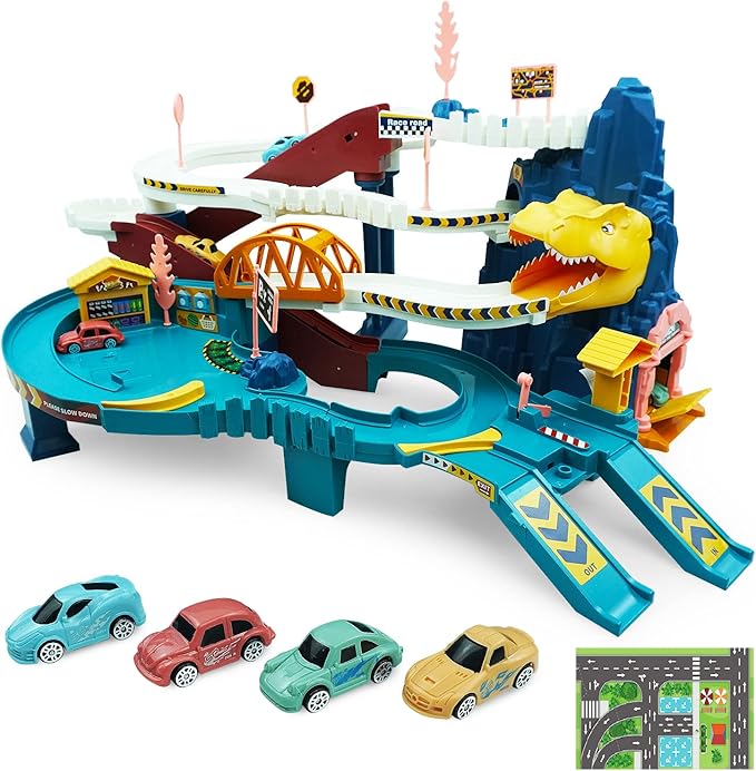 RedCrab Kids Dinosaur Car Playset Toy Ramp Track Set,Dino Adventure Toys with Flexible Track and 4 Mini Race Cars,Winding Highway Dinosaur Hill Toy Gifts for 3 4 5 6 Year Olds Boys Girls