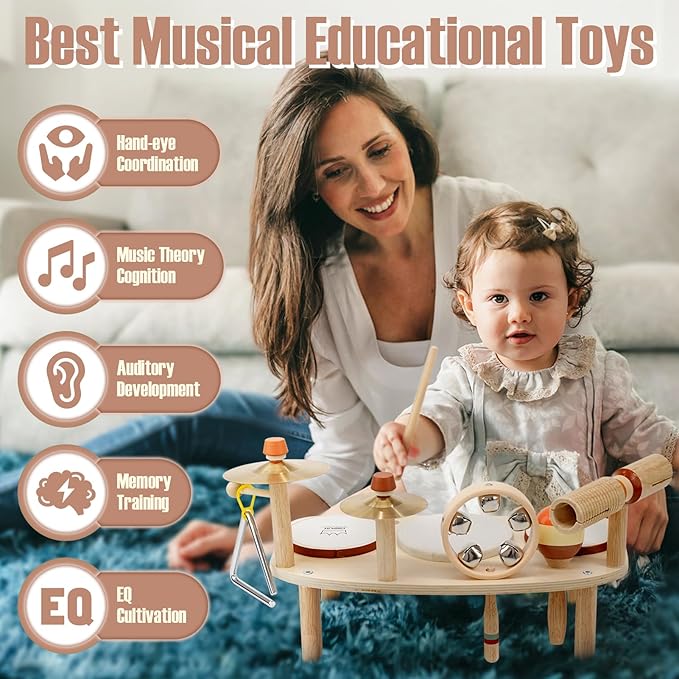 Kids Drum Set - Montessori Toys for 2 Year Old Boy Girl Birthday Gifts, 11 in 1 Wooden Musical Instruments for Toddlers 2-3, Musical Activity Table Preschool Learning Toys for Baby 18+ Months
