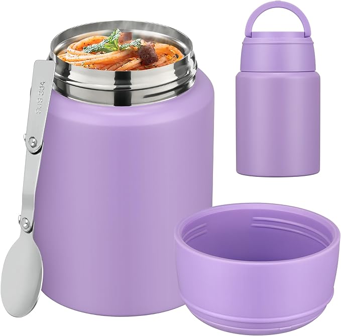 Soup Thermo for Hot Food Kids 16oz Insulated Food Jar Leakproof Thermo Lunch Container for Kids Wide-Mouth Stainless Steel Lunch Box for School with Handle Folding Spoon(3+)