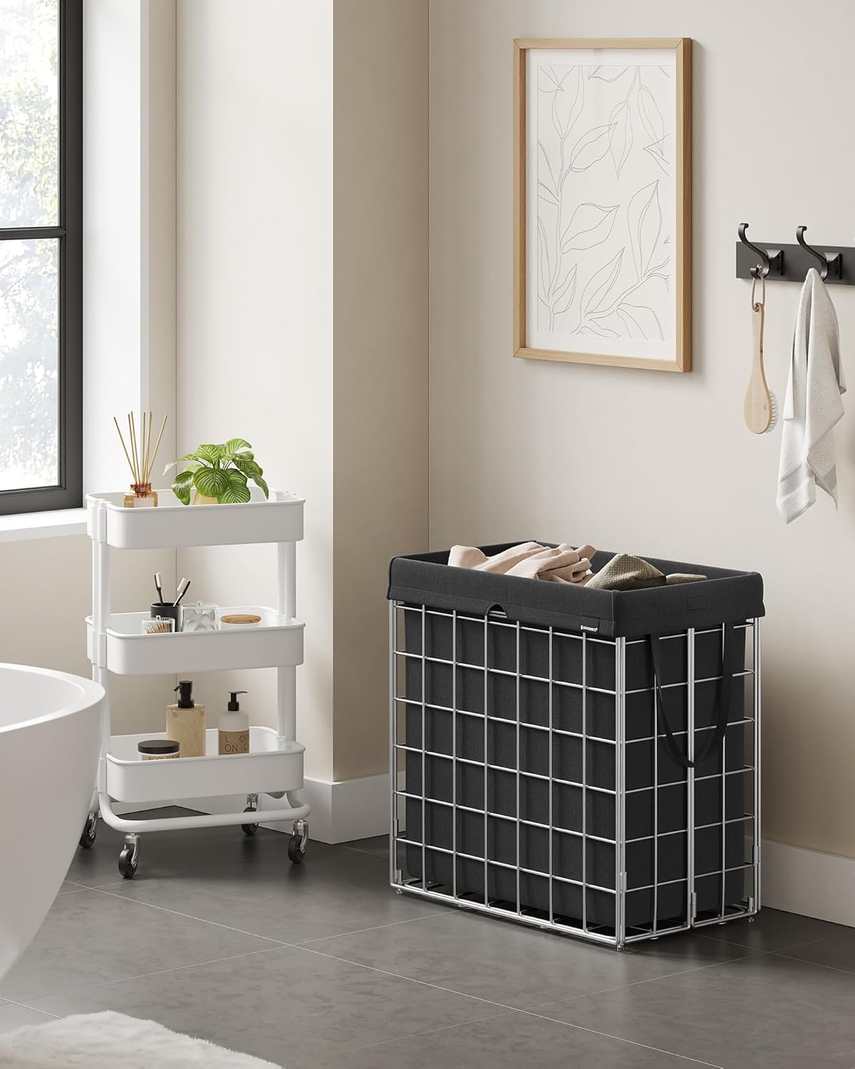 SONGMICS 29 Gal. (110L) Laundry Basket, Laundry Hamper, Collapsible Clothes Hamper, Removable and Washable Liner, Metal Wire Frame, for Bedroom Bathroom, Silver and Classic Black ULCB111B01