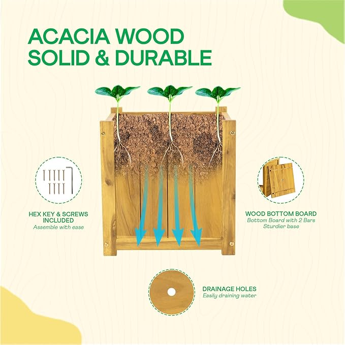 IDZO Acacia Wood Flower Planter Box for Outdoor Plants, 1pc Wooden Raised Garden Bed with Handles, Drainage Holes, Ideal for Garden and Home Décor, Golden Teak