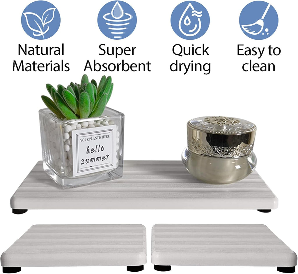 Set of 3 Diatomite Hand Soap Holder, Water Absorbing Stone Tray for Kitchen Countertop, Fast-Drying Bathroom Trays(1pcs 20 x 10cm + 2pcs 10 x 10cm White)
