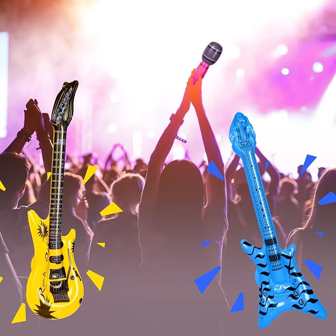 37 Pcs Inflatable Rock Star Instrument Set, 12 Blow up Guitar 36 Inch 12 Inflatable Microphone 12 Bass with a Pump for 80s Themed Party Carnival Birthday Party Decorations