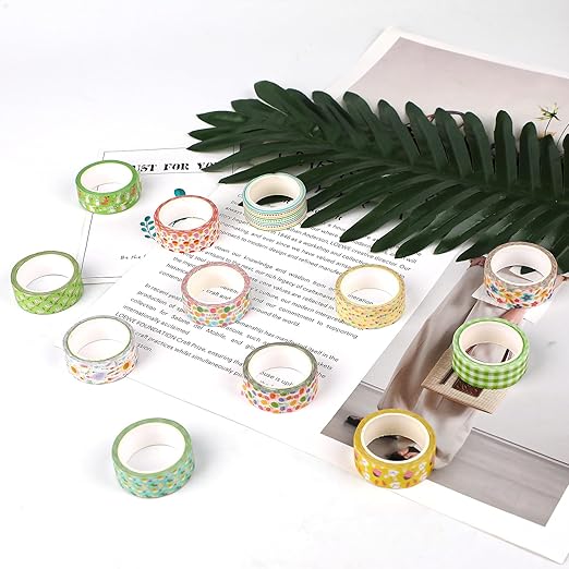 12 Rolls Summer Washi Tape, Green Plaid Colorful Floral Masking Tape, Cute Animal Decorative Sticker for Summer Scrapbook Journal DIY Craft Birthday Gift Wraps 16.4FT