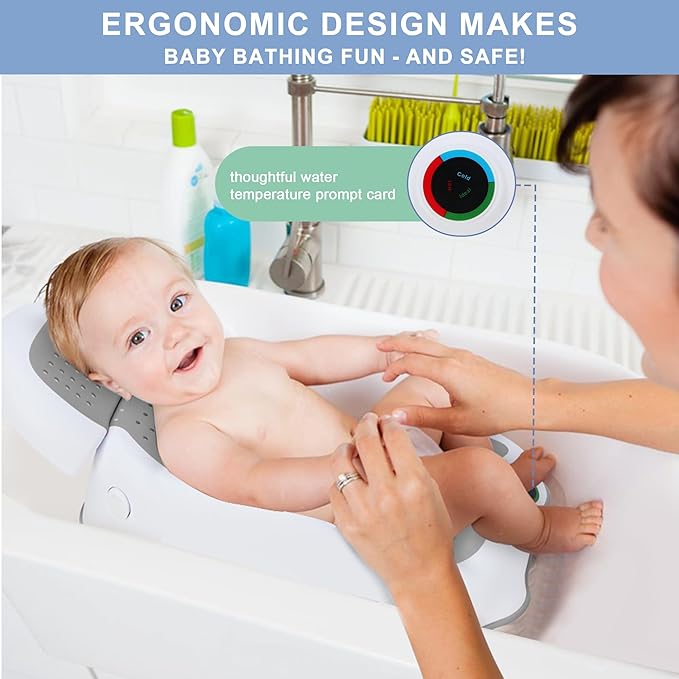 Baby Bath Support,Ideal for Babies Less Than 6 Months Old,with Thermometer-Adjustable Slope Newborn Bathtub, Baby tubs for Baby tubs for Newborn Essentials Must Haves (Gray)