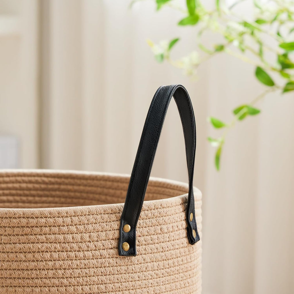 VIPOSCO Tall Laundry Basket, Large Dirty Clothes Hamper with Leather Handle, Woven Rope Storage Basket for Blanket, Toy In Living Room, Bathroom, Bedroom - 53L Brown & Black
