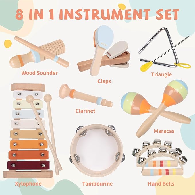 Baby Musical Instruments Set - Montessori Wooden 18 Month Old Baby Musical Toys, Toddler Percussion Instruments Xylophone Maracas Tambourine for Kids, 2 3 4 Year Old Baby Girls Boys Birthday Gifts
