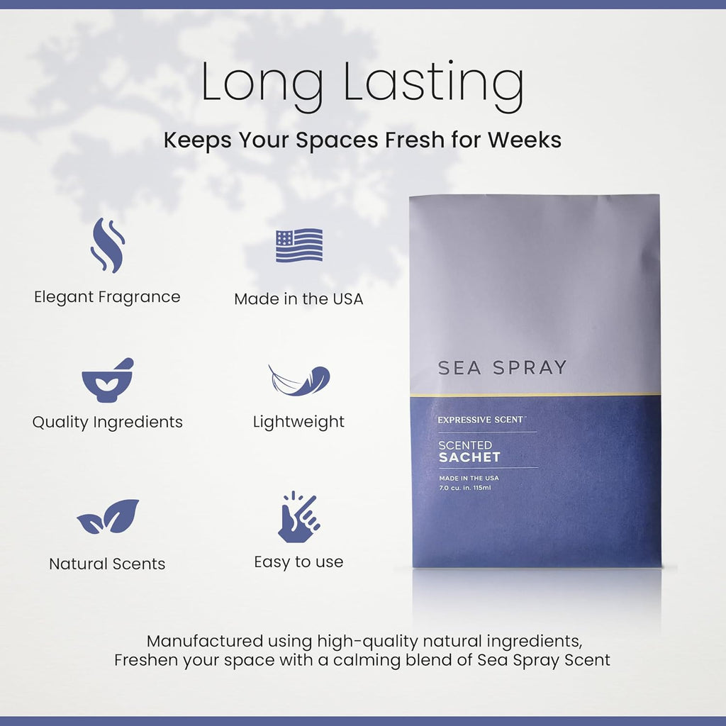Expressive Scent – Home Fragrance Aromatic Sachets: Premium Long-Lasting Aroma, for Drawers Dressers Closets Car Kitchen, Sea-Spray