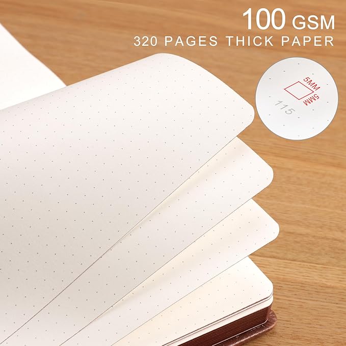 AHGXG Thick Journal Dotted Notebook for Men - 320 Numbered Pages A5 Notebook for Writing, 100gsm Dot Paper, Vintage Leather Hardcover, for Women Work Office School, 5.75'' X 8.38''- Brown