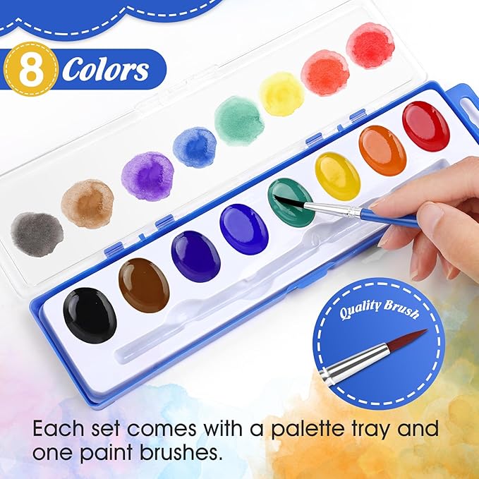 FUMILE Watercolors Paint Set Bulk,48 Pack 8 Washable Bright Colors with Paintbrush.Watercolors Paint Set Kids for Parties,Art Lessons,Birthday Party Favor,Back to school,All Ages.