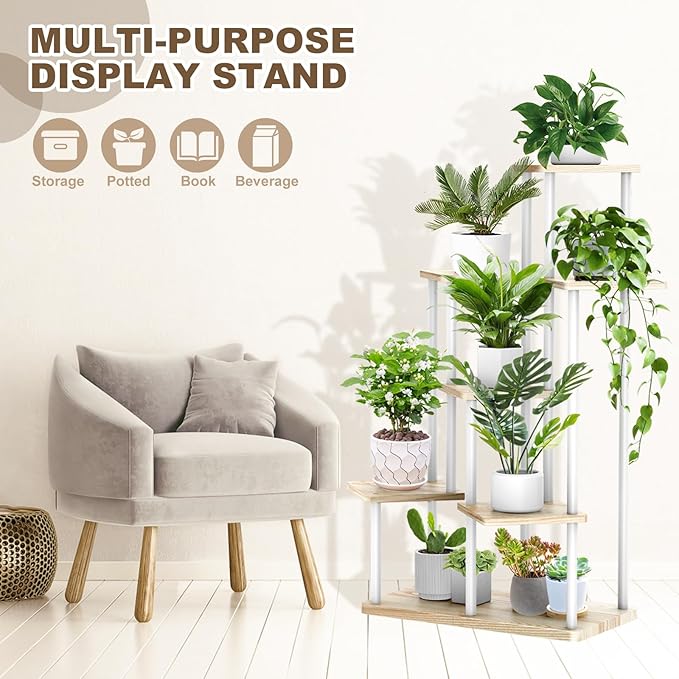 7 Tier Wood Tall Plant Stand Metal Rack Indoor, Multiple Flower Pot Holder Shelves Corner Rack, Planter Shelf Display Rack Storage Organizer for Patio Living Room Balcony Garden(White Oak)