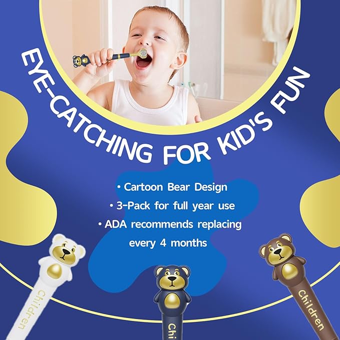 3 Sided Toothbrush for Kids, Japanese Design Triple-Angle Toothhugger, Cartoon Bear Design for Autism Toddlers, Kids Toothbrush for Aged 3-12, Soft Bristles for Gentle Gum Care (3Pack)