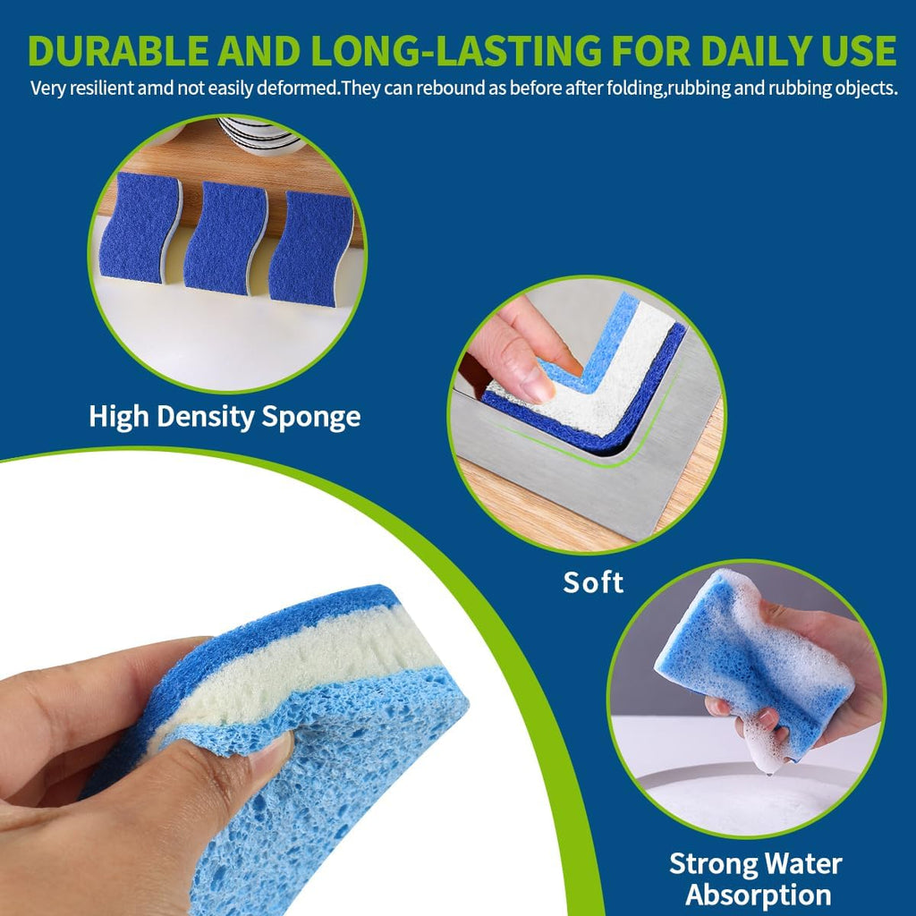 Blue Wood Pulp Sponges 12Pack Non-Scratch Cellulose Scrub Sponge, Dual-Sided Dishwashing Sponge for Kitchen