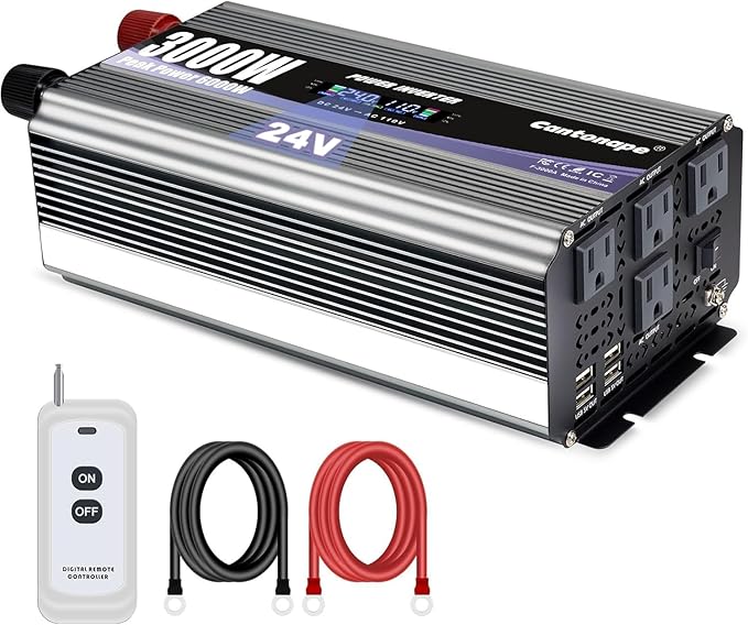 3000W Power Inverter 24V to 110V/120V DC to AC with LCD Display, Remote Controller and 4 x AC Outlets Car Adapter for Car Truck Boat RV Off Grid Solar System