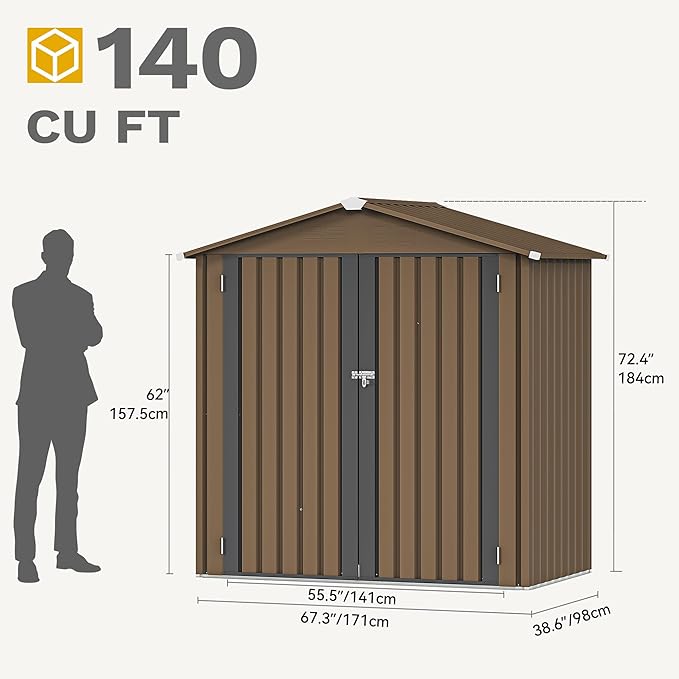 DWVO 6x4ft Storage Shed for Outdoors, Metal Sturdy Weatherproof Tool Locker with Secure Door and Ventilation for Equipment, Mowers, Bikes, Outdoor Spaces, Brown