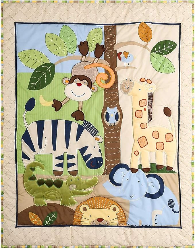 Brandream Jungle 3- Piece Nursery Crib Bedding Sets for Boys - Zebra Elephant Lion Monkey Giraffe Crocodile Birds - Playful Animal Zoo