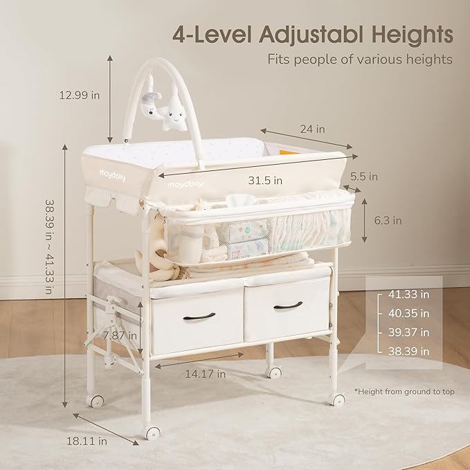 Baby Changing Table with Wheels, Maydolly Portable Foldable Changing Table, Waterproof Diaper Changing Station, Adjustable Height Changing Station, Mobile Nursery for Newborn and Infant (Beige)