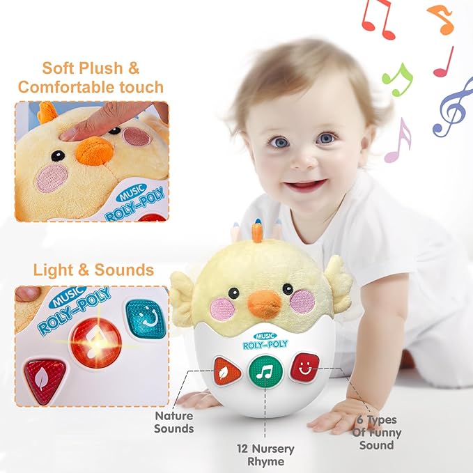 Baby Toys 0-6-12 Months, Chick Musical Plush Cute Stuffed Animal Infant Tummy Toys with Light & Sounds, Roly-Poly Sensory Toy Birthday Easter Egg Gift for Newborn Boys & Girls